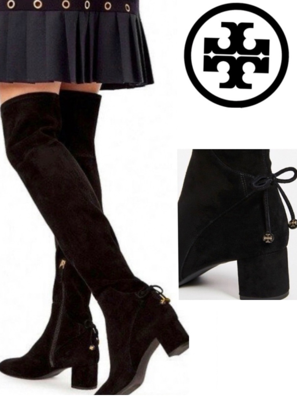 Tory Burch Black Laila Suede Bow Gold Reva Zip Over The Knee Boots